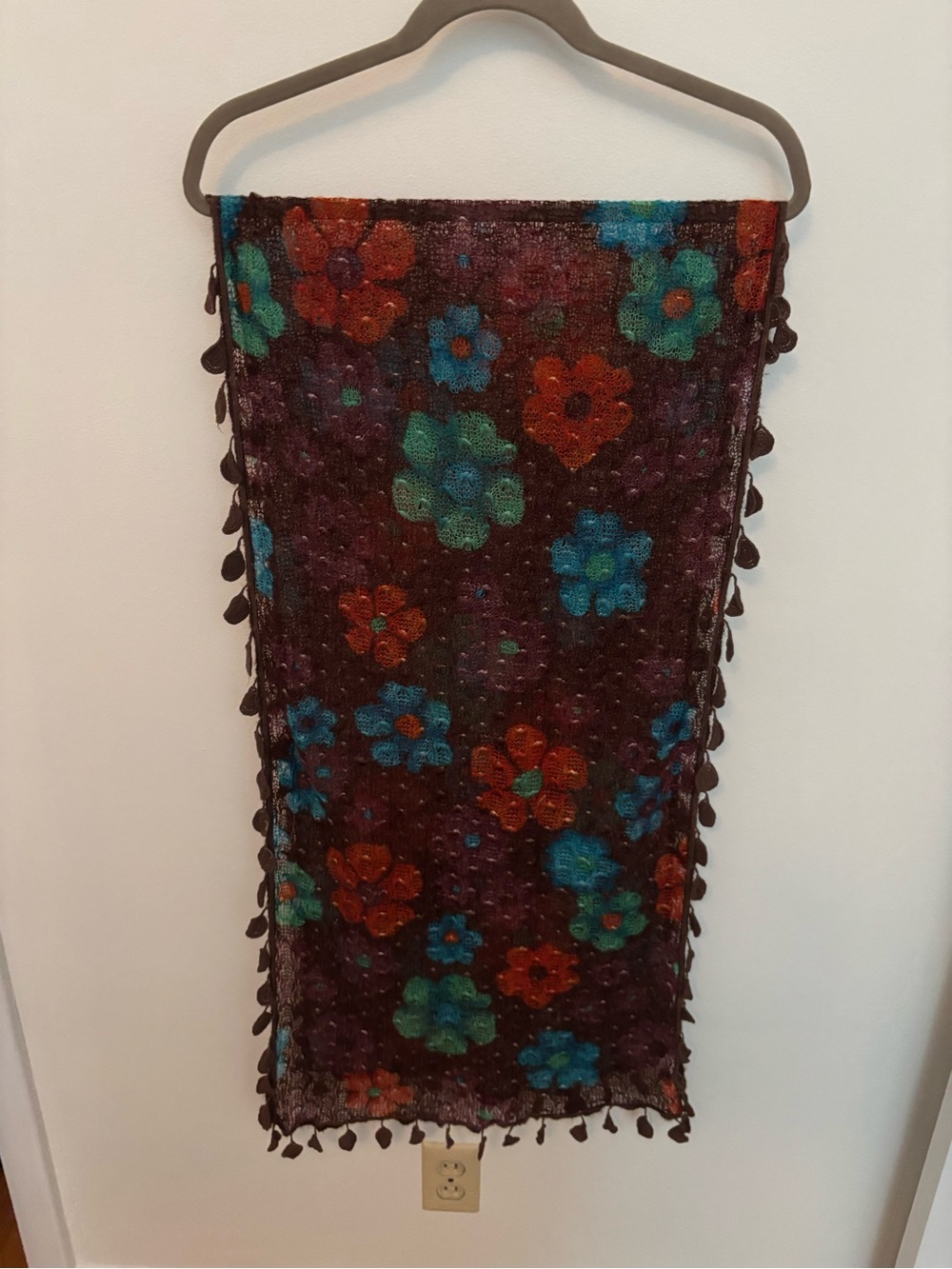 Flower Power Boho Floral Fringe Oblong Scarf  in Teal & Rust & Brown